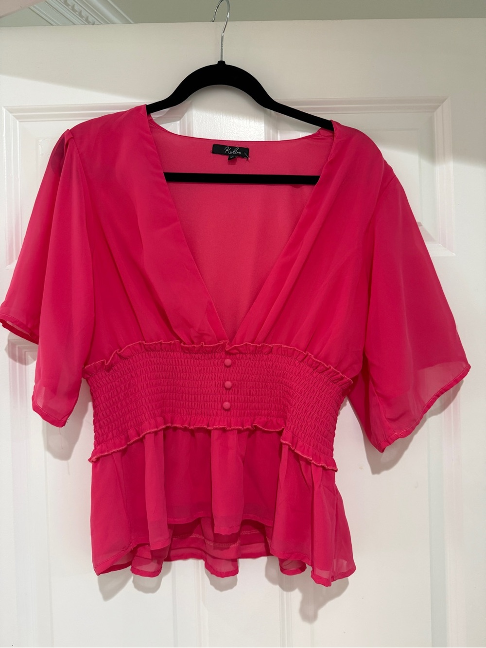 Kabina XL Hot Pink Chiffon Smocked Waist Flutter Sleeve Peplum Blouse Top